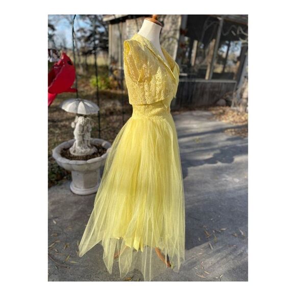 1950s Yellow Formal Dress Matching Bolero Lace Tulle Prom Wedding - Picture 6 of 16